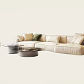 Modern Beige Sofa Coffee Table Set With Colored Cushions And Round Metal Tables