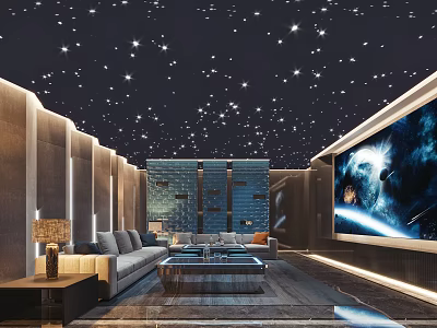 Modern Home Theater Interior With Starry Ceiling Large Screen And Cozy Seating 3d model