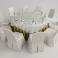 Elegant Round Dining Table Set with White Tablecloth Gold Trim and Chairs 3d model