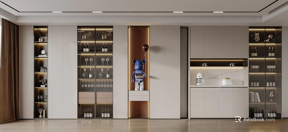 Elegant Modern Wine Cabinet With Glass Door Display Shelves Holding Wine Glasses And Bottles 3d model 