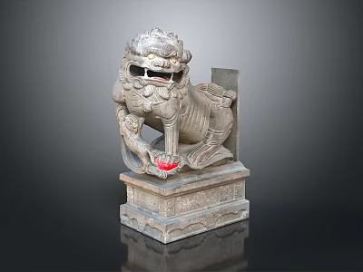 Stone Lion Sculpture Intricate Traditional Carving With Detailed Mane And Red Ball Pedestal 3d model