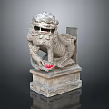Stone Lion Sculpture Intricate Traditional Carving With Detailed Mane And Red Ball Pedestal