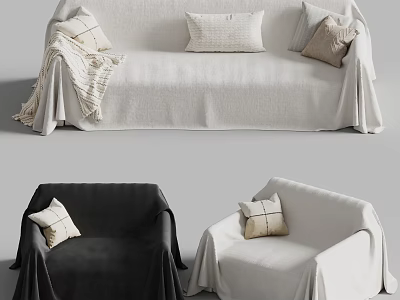 Cozy Light Colored Sectional Sofa With Accent Pillows And Throw Blanket 3d model