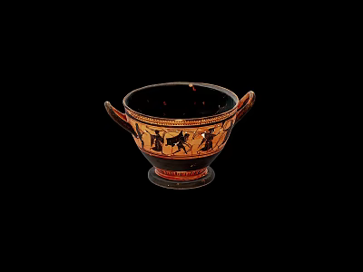 Ancient Greek Ceramic Bowl With Two Handles Black Orange Rider Figures 3d model