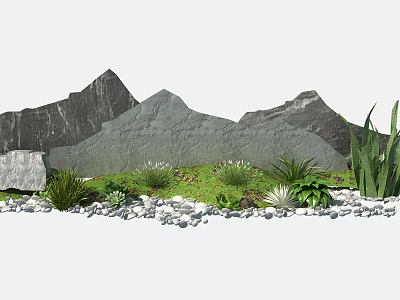 Scenic Garden Ornament With Natural Mountain Rocks Lush Green Plants And Small Pebbles 3d model