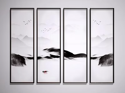 Chinese Ink Landscape Painting Four Panel Wall Art With Mountains Water Flying Birds And Boat 3d model
