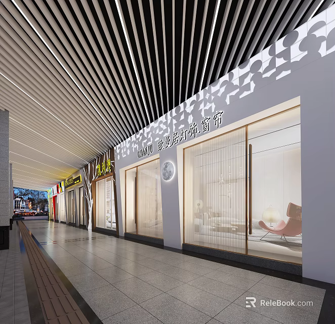 Elegant Modern Mall Shop Front With Glass Windows Displaying Sofa And Chairs Interior 3d model 