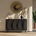 Modern White Entryway Cabinet Sideboard With Decorative Vases Circular Wall Art And Potted Plant