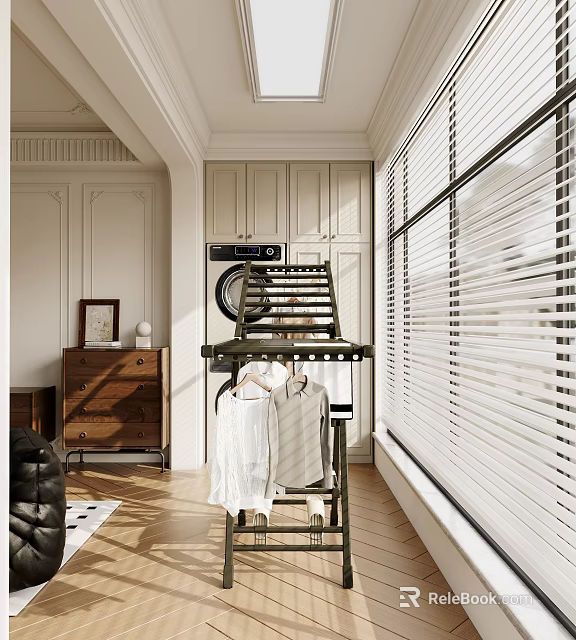 Home Balcony Interior With Washing Machine Clothes Drying Rack Hanging Clothes And Window Blinds 3d model 