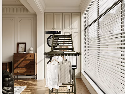Home Balcony Interior With Washing Machine Clothes Drying Rack Hanging Clothes And Window Blinds 3d model