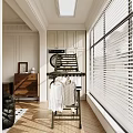 Home Balcony Interior With Washing Machine Clothes Drying Rack Hanging Clothes And Window Blinds