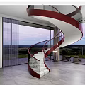 Modern Red Spiral Staircase Interior With Marble Steps And Large Windows 3d model