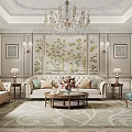 Luxury Living Room Interior With Crystal Chandelier Beige Sofa And Patterned Rug