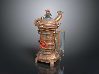 Vintage Copper Industrial Equipment With Red Valve Wheel Bracket And Stand 3d model