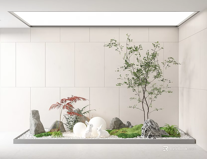 Modern Indoor Landscape With Small Trees Red Leaf Plants Rocks And Moss 3d model