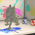Smart Machine Painting With Brush And Colorful Paint Splashes On White Wall