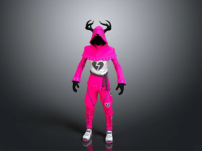 Pink Jumpsuit Character Costume With Black Horns Heart Design And White Shoes 3d model