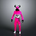 Pink Jumpsuit Character Costume With Black Horns Heart Design And White Shoes