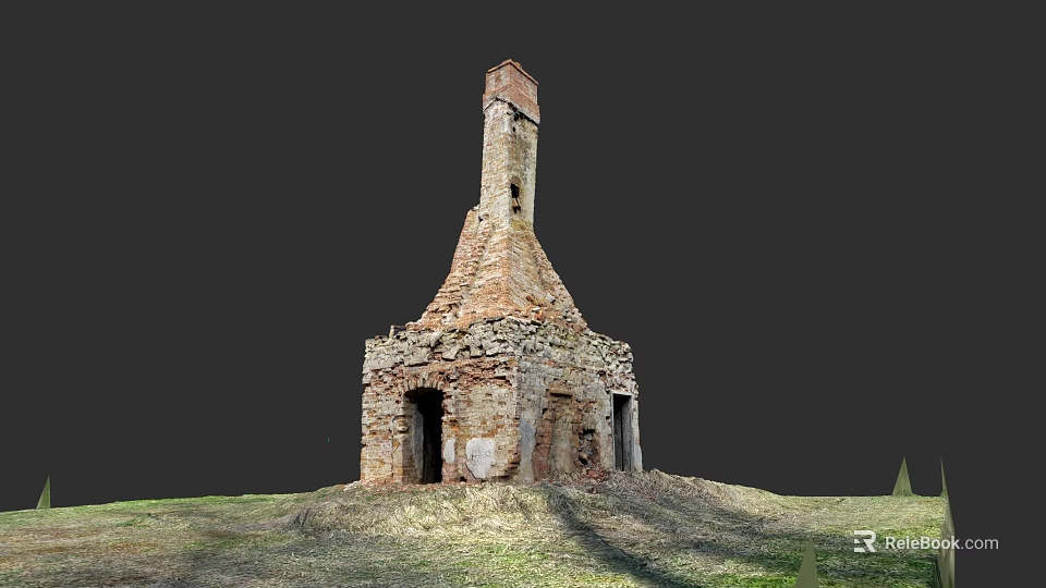 Ancient Ruined Stone Brick Fireplace Structure With Tall Chimney In Grassland 3d model 