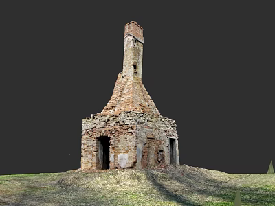 Ancient Ruined Stone Brick Fireplace Structure With Tall Chimney In Grassland 3d model