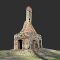 Ancient Ruined Stone Brick Fireplace Structure With Tall Chimney In Grassland