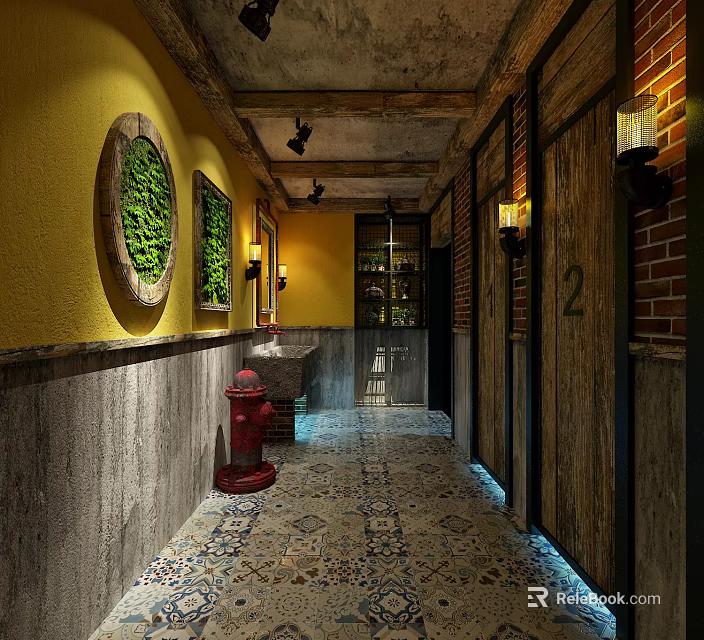 Vintage Style Public Restroom With Yellow Walls Green Plant Decorations And Colorful Tiled Floor 3d model 
