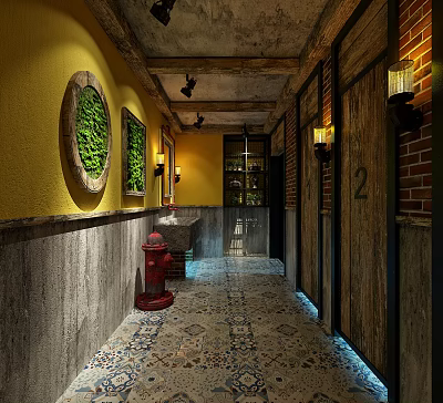 Vintage Style Public Restroom With Yellow Walls Green Plant Decorations And Colorful Tiled Floor 3d model