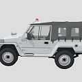 White Utility Vehicle With Black Roof Red Warning Light Front Grille And Off Road Tires