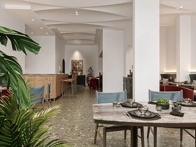 Modern Café Interior Design With Marble Tables Green Plants And Wooden Bar 3d model
