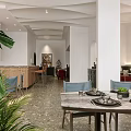 Modern Café Interior Design With Marble Tables Green Plants And Wooden Bar