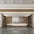 Elegant Modern Hotel Lobby With White Grid Ceiling Marble Floor And Blue Artwork