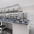 Modern Laboratory Interior With Spacious Workbench Glass Door Cabinets And Fume Hoods