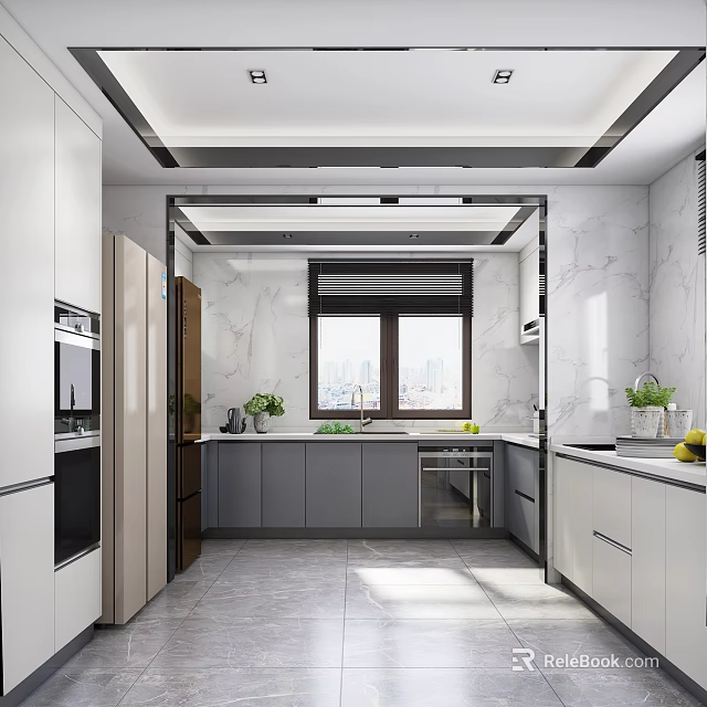 Modern Kitchen Interior With Marble Countertop Cabinets Appliances And Natural Light 3d model