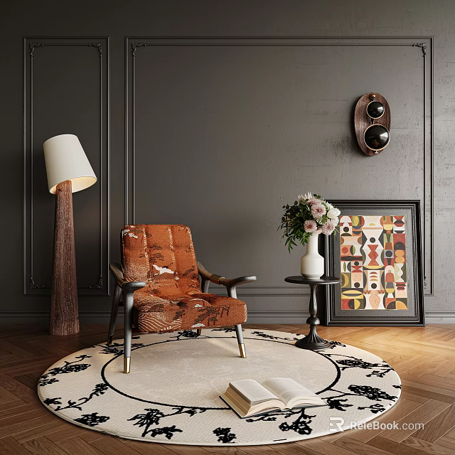 Modern Orange Leisure Chair With Floor Lamp Side Table And Decorative Painting On Wooden Floor 3d model 