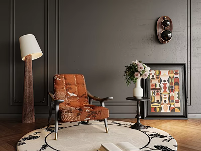 Modern Orange Leisure Chair With Floor Lamp Side Table And Decorative Painting On Wooden Floor 3d model