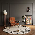 Modern Orange Leisure Chair With Floor Lamp Side Table And Decorative Painting On Wooden Floor