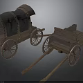 Two Vintage Wooden Carts With Canopy And Open Design Wooden Wheels
