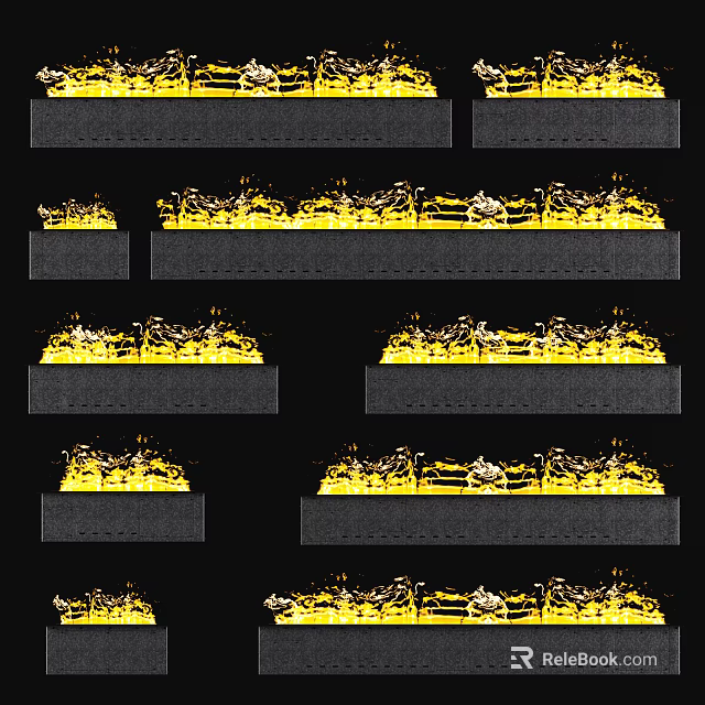 Contemporary Dark Fireplace Units Featuring Glowing Yellow Flames In Multiple Rows 3d model