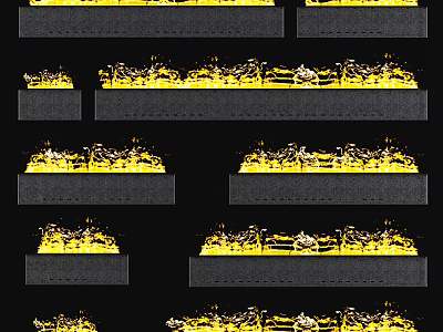 Contemporary Dark Fireplace Units Featuring Glowing Yellow Flames In Multiple Rows 3d model