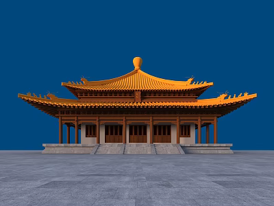 Ancient Chinese Architecture With Yellow Roof Overhanging Eaves Columns And Blue Sky Background 3d model