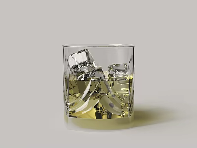 Whiskey Bottle and Glass with Ice Cubes and Yellow Liquid on Grey Background 3d model