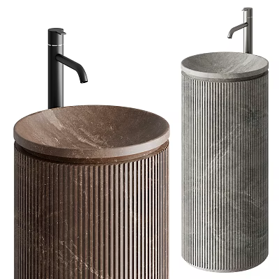 Modern Brown and Gray Marble Pedestal Washbasins with Ribbed Texture and Black Faucet 3d model