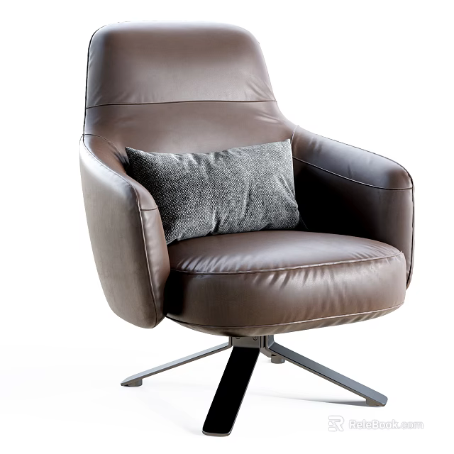 Modern Brown Leather Single Sofa With Gray Cushion And Metal Base 3d model 
