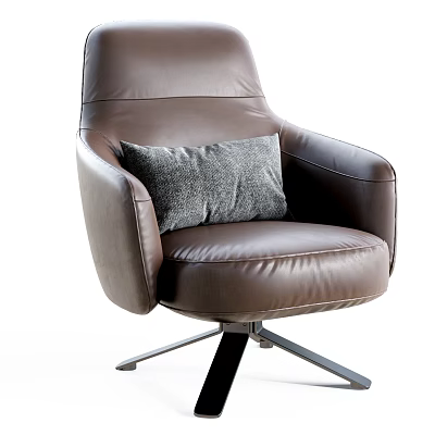 Modern Brown Leather Single Sofa With Gray Cushion And Metal Base 3d model