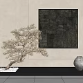 Modern Interior Design With Bonsai Pine Tree Abstract Painting And Ceramic Vase