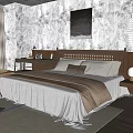 Modern Bedroom Interior With White Bed Sheets Dark Blanket Decorative Painting And Wooden Flooring