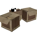 Decorative Ornaments Set With Open Brown Beige Cardboard Boxes And Bottles For Home Decor