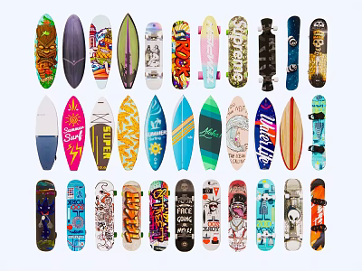 Vibrant Assorted Skateboards And Surfboards Collection With Colorful Designs And Patterns 3d model