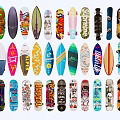 Vibrant Assorted Skateboards And Surfboards Collection With Colorful Designs And Patterns
