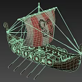 Viking Style Wooden Ship With Red And White Sail Black Pattern Oars And Shields